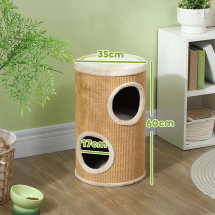 PAWROOM - Raapimistynnyri, 60 cm korkea kissan tynnyri 2 luolalla, raapimispylväs, sisalista valmistettu kissatorni, kissoille enintään 5 kg, ruskea