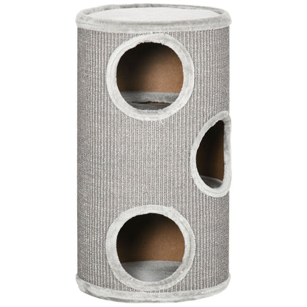 PAWROOM - Raapimispiippupeli Ja Raapimispiippu Kissoille 3 Luolalla, Valmistettu Sisalista & Pehmoista, Vaaleanharmaa, Ø38X70Cm
