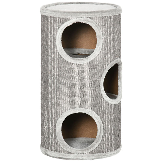 PAWROOM - Raapimispiippupeli Ja Raapimispiippu Kissoille 3 Luolalla, Valmistettu Sisalista & Pehmoista, Vaaleanharmaa, Ø38X70Cm