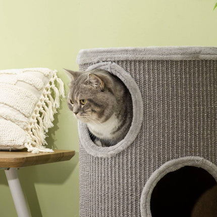 PAWROOM - Raapimispiippupeli Ja Raapimispiippu Kissoille 3 Luolalla, Valmistettu Sisalista & Pehmoista, Vaaleanharmaa, Ø38X70Cm