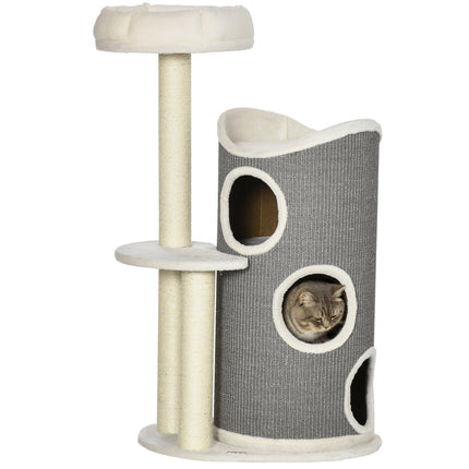 PAWROOM - Raapimispylväs 109Cm Kissapuu Raapimisputkella & Kissanpeti, Sisalpilarit, Valkoinen + Harmaa