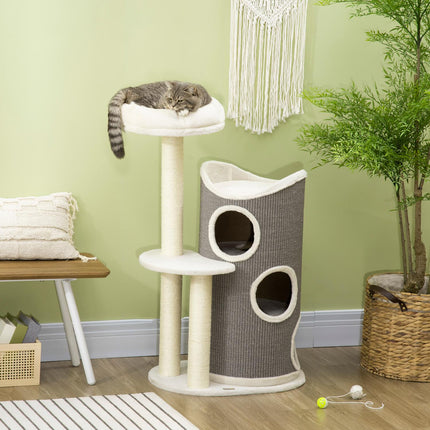 PAWROOM - Raapimispylväs 109Cm Kissapuu Raapimisputkella & Kissanpeti, Sisalpilarit, Valkoinen + Harmaa