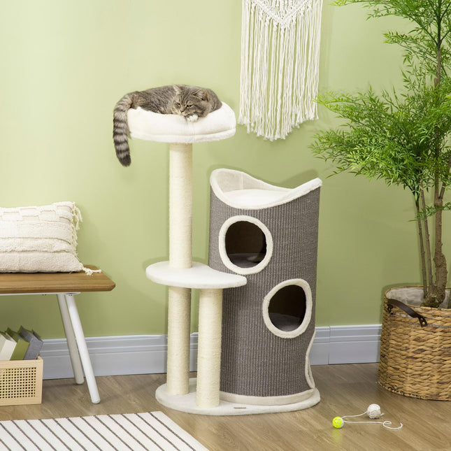 PAWROOM - Raapimispylväs 109Cm Kissapuu Raapimisputkella & Kissanpeti, Sisalpilarit, Valkoinen + Harmaa