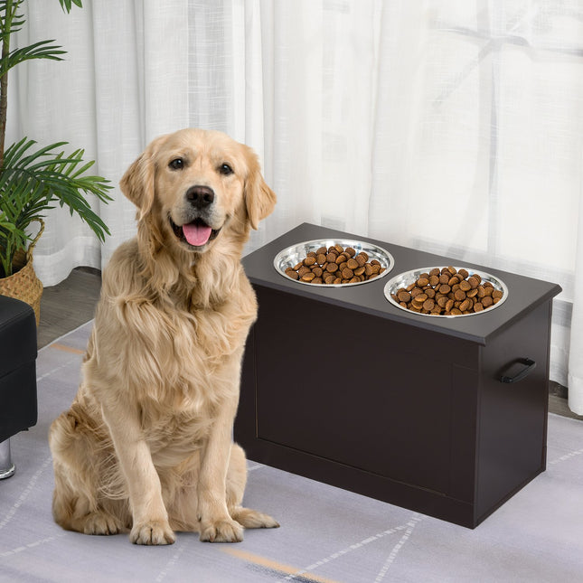 PAWROOM - Koiran Ruokintakulho Säilytystilalla 2 Kulhoa Ruokintapaikka Ruostumaton Teräs Kulho Kissan Kulho Mdf Ruostumaton Teräs Espresso 60 X 30 X 41 Cm