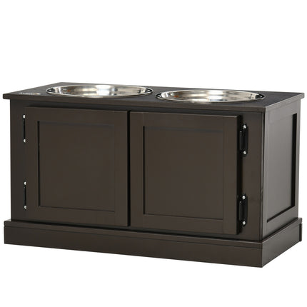 PAWROOM - Korotetut koirankulhot säilytystilalla, 2 kulhoa, suurille koirille, vesikulho, ruokakulho, koiran kulhoteline, 60 cm x 30 cm x 34 cm, kahvi