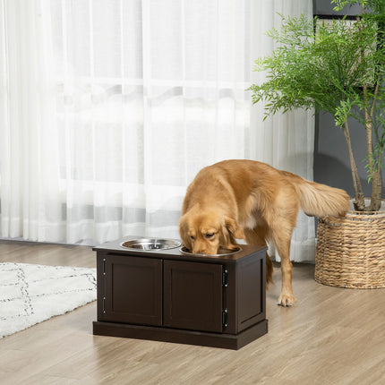 PAWROOM - Korotetut koirankulhot säilytystilalla, 2 kulhoa, suurille koirille, vesikulho, ruokakulho, koiran kulhoteline, 60 cm x 30 cm x 34 cm, kahvi
