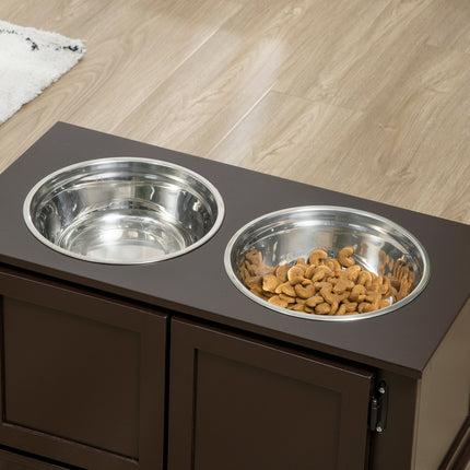 PAWROOM - Korotetut koirankulhot säilytystilalla, 2 kulhoa, suurille koirille, vesikulho, ruokakulho, koiran kulhoteline, 60 cm x 30 cm x 34 cm, kahvi