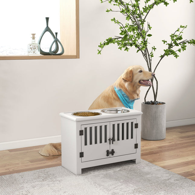 PAWROOM - Ruokintakulho, kohotettu ruokintapiste 2L ruostumattomasta teräksestä valmistetulla syöttökulholla, säilytystila, lukollinen pariovi, koiran baari erittäin suurille koirille, valkoinen