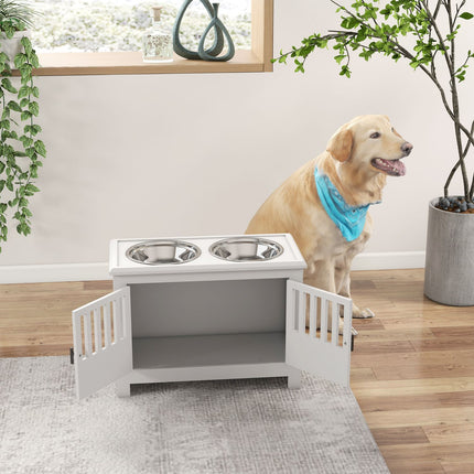 PAWROOM - Ruokintakulho, kohotettu ruokintapiste 2L ruostumattomasta teräksestä valmistetulla syöttökulholla, säilytystila, lukollinen pariovi, koiran baari erittäin suurille koirille, valkoinen