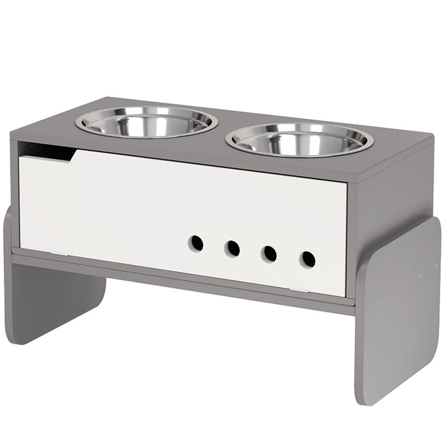 PAWROOM - Adjustable raised dog bowl with storage, 2x 2L bowls, grey