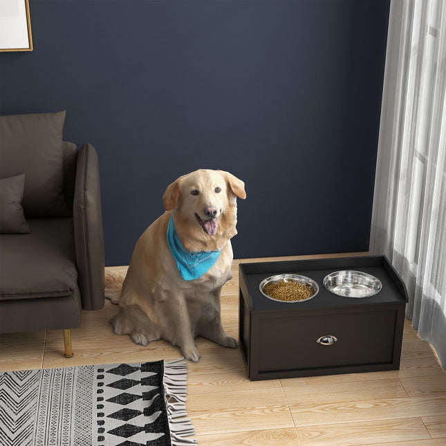 PAWROOM - Kohotettu koiran ruokakuppiteline säilytyslaatikolla, ruostumatonta terästä
