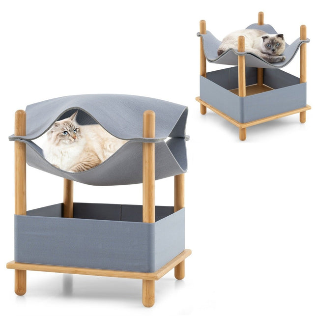 PAWROOM - Cat house 2 levels bamboo raised cat bed with storage space 40 x 40 x 53 cm natural + gray