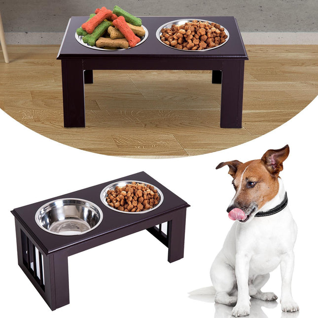 PAWROOM - Kohotettu Koiran Kulho Ruokakulho Ruostumattomasta Teräksestä Valmistetut Kulhot Lemmikkieläinten Ruokakulho Mdf Kahvi 23" X 12" X 10"