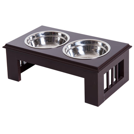 PAWROOM - Dog Bowl Setti 2 Ruostumattomasta Teräksestä Valmistettua Ruokakulhoa, Kohotettu Kissan Kulho, Mdf, Helppohoitoinen, Kahvi, 44X24X15Cm