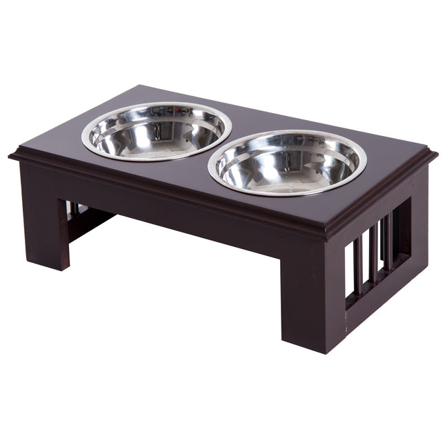 PAWROOM - Dog Bowl Setti 2 Ruostumattomasta Teräksestä Valmistettua Ruokakulhoa, Kohotettu Kissan Kulho, Mdf, Helppohoitoinen, Kahvi, 44X24X15Cm