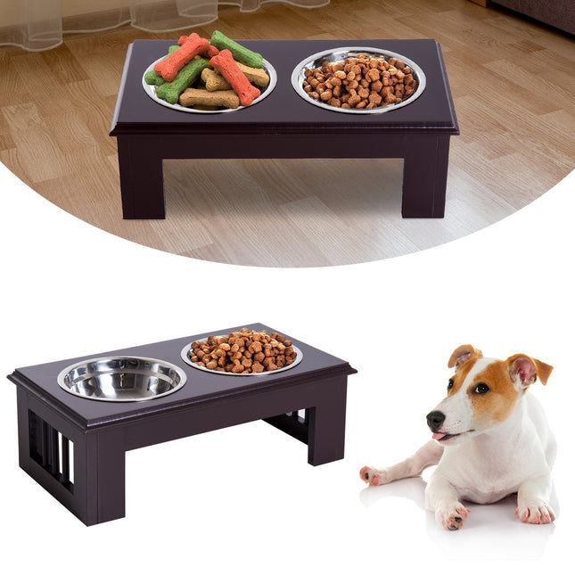 PAWROOM - Dog Bowl Setti 2 Ruostumattomasta Teräksestä Valmistettua Ruokakulhoa, Kohotettu Kissan Kulho, Mdf, Helppohoitoinen, Kahvi, 44X24X15Cm