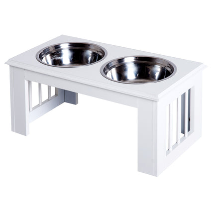 PAWROOM - Raised Dog Bowl -Ruokakulho Ruostumattomasta Teräksestä Valmistetuilla Kulhoilla, Mdf, Liukumaton, Helppohoitoinen, Valkoinen, 58,4X30,5X25,4Cm