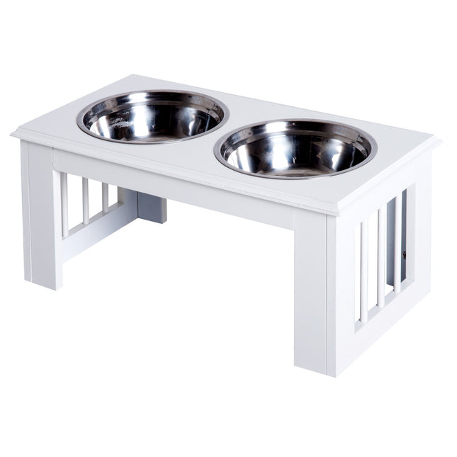 PAWROOM - Raised Dog Bowl -Ruokakulho Ruostumattomasta Teräksestä Valmistetuilla Kulhoilla, Mdf, Liukumaton, Helppohoitoinen, Valkoinen, 58,4X30,5X25,4Cm