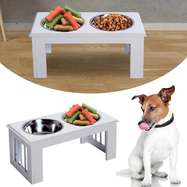 PAWROOM - Raised Dog Bowl -Ruokakulho Ruostumattomasta Teräksestä Valmistetuilla Kulhoilla, Mdf, Liukumaton, Helppohoitoinen, Valkoinen, 58,4X30,5X25,4Cm