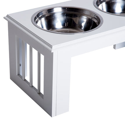 PAWROOM - Raised Dog Bowl -Ruokakulho Ruostumattomasta Teräksestä Valmistetuilla Kulhoilla, Mdf, Liukumaton, Helppohoitoinen, Valkoinen, 58,4X30,5X25,4Cm