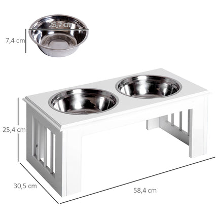 PAWROOM - Raised Dog Bowl -Ruokakulho Ruostumattomasta Teräksestä Valmistetuilla Kulhoilla, Mdf, Liukumaton, Helppohoitoinen, Valkoinen, 58,4X30,5X25,4Cm