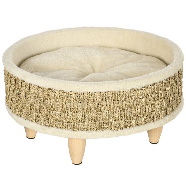 PAWROOM - Koiransänky Korotettu Lemmikkisänky Pestävällä Pehmusteella, Meriruohoköydellä Ja Puisilla Jaloilla, Pyöreä, Beige+Khaki, 48X48X24,5Cm