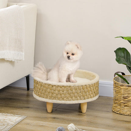 PAWROOM - Koiransänky Korotettu Lemmikkisänky Pestävällä Pehmusteella, Meriruohoköydellä Ja Puisilla Jaloilla, Pyöreä, Beige+Khaki, 48X48X24,5Cm