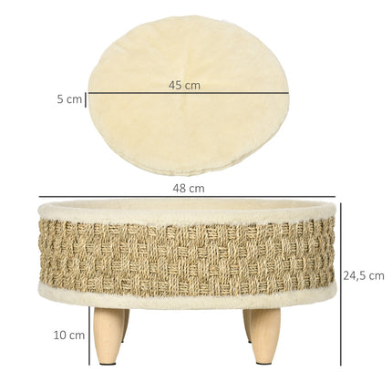 PAWROOM - Koiransänky Korotettu Lemmikkisänky Pestävällä Pehmusteella, Meriruohoköydellä Ja Puisilla Jaloilla, Pyöreä, Beige+Khaki, 48X48X24,5Cm