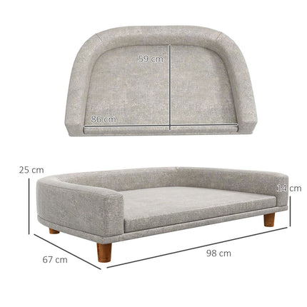 PAWROOM - Koirasohva, Lemmikkieläinsohva Kissasohva tyynyllä, Koiran sänky suurille koirille, Koiran sohva korotetulla muotoilulla, Koiran tuoli puisilla jaloilla, harmaa, 98 x 67 x 25 cm