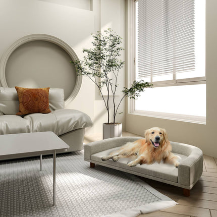 PAWROOM - Koirasohva, Lemmikkieläinsohva Kissasohva tyynyllä, Koiran sänky suurille koirille, Koiran sohva korotetulla muotoilulla, Koiran tuoli puisilla jaloilla, harmaa, 98 x 67 x 25 cm