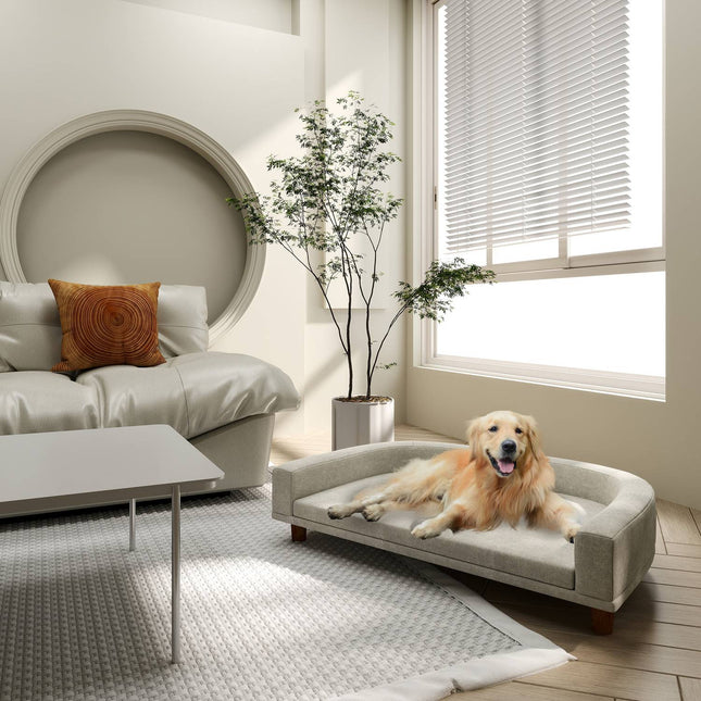 PAWROOM - Koirasohva, Lemmikkieläinsohva Kissasohva tyynyllä, Koiran sänky suurille koirille, Koiran sohva korotetulla muotoilulla, Koiran tuoli puisilla jaloilla, harmaa, 98 x 67 x 25 cm
