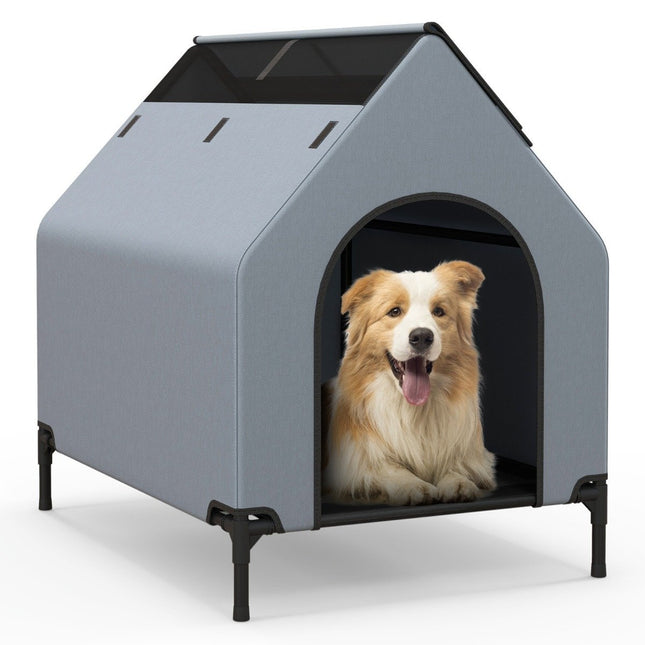 PAWROOM - 2 in 1 koirankoti &amp; Korotettu koiransänky koiran lepotuoli ulkona lemmikkimökki hengittävällä mesh-harmaalla 64 x 91 x 86 cm