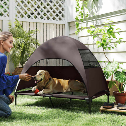 PAWROOM - Koiran lepotuoli katolla, korotettu koiransänky suurille koirille, jäähdyttävä lemmikkieläinten lepotuoli pestävällä mesh-metallirungolla, kantolaukku, lemmikkisänky ulkoretkeilyyn 106x76x99cm, kahvi