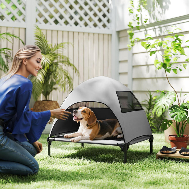 PAWROOM - Koiran lepotuoli katolla, korotettu koiransänky keskikokoisille koirille, jäähdyttävä lemmikkisänky pestävällä mesh-metallirungolla, kantolaukku, lemmikkisänky ulkoreittiin 76x61x71cm, vaaleanharmaa
