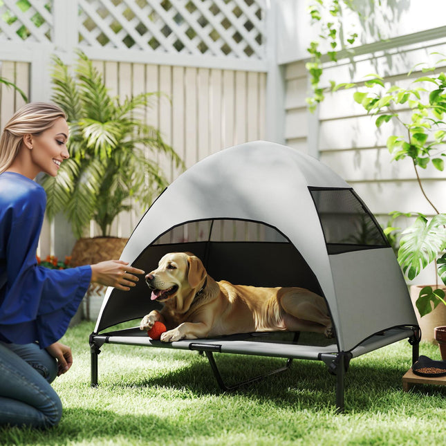 PAWROOM - Koiran lepotuoli katolla, korotettu koiransänky suurille koirille, jäähdyttävä lemmikkieläinten lepotuoli pestävällä mesh-metallirungolla, kantolaukku, lemmikkisänky ulkoleirille 91x76x90cm, vaaleanharmaa