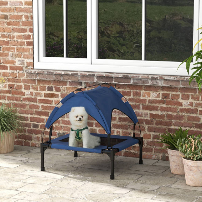 PAWROOM - Korotettu koiransänky katos, Lemmikkien sänky, ulkona oleva koiran lepotuoli katolla, hengittävä, pienille ja keskikokoisille koirille Tummansininen Oxford 76 x 61 x 69,5 cm