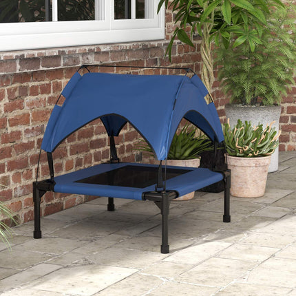PAWROOM - Korotettu koiransänky katos, Lemmikkien sänky, ulkona oleva koiran lepotuoli katolla, hengittävä, pienille ja keskikokoisille koirille Tummansininen Oxford 76 x 61 x 69,5 cm