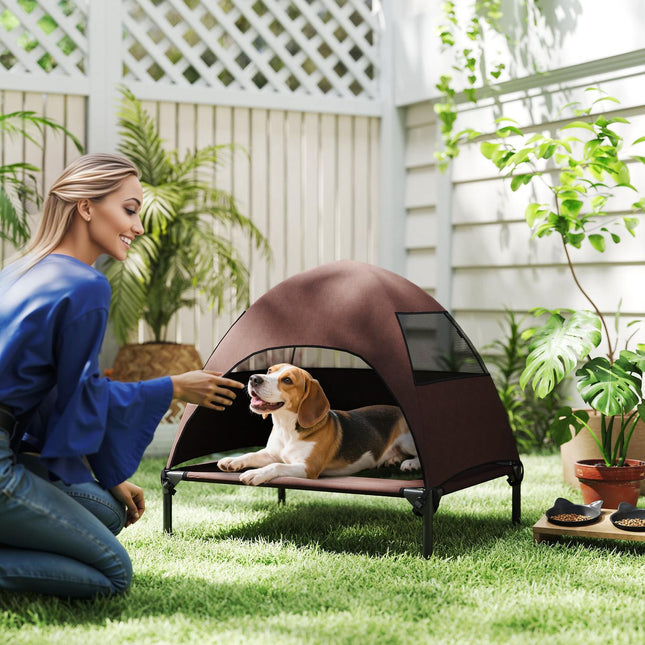 PAWROOM - Koiran lepotuoli katolla, korotettu koiransänky keskikokoisille koirille, jäähdyttävä lemmikkituoli pestävällä mesh-metallirungolla, kantolaukku, lemmikkisänky ulkoretkeilyyn 76x61x71cm, kahvi