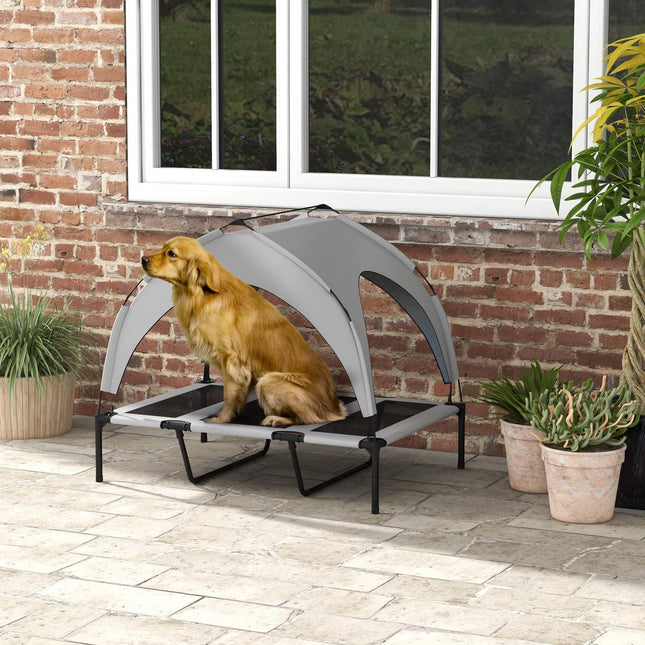 PAWROOM - Korotettu koiransänky katos, lemmikkisänky, ulkona oleva koiran lepotuoli katolla, hengittävä, suurille koirille vaaleanharmaa Oxford 106 x 76 x 94 cm