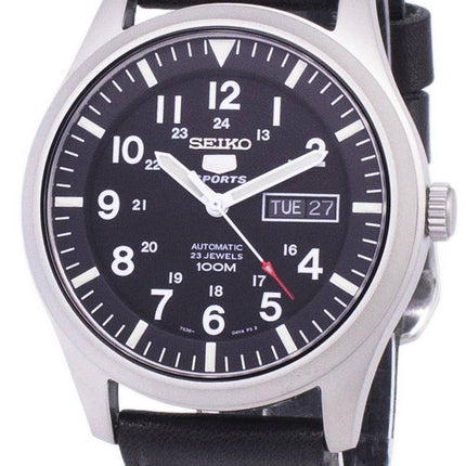 Seiko 5 Sports Automatisk svart läder SNZG15K1-var-LS8 100M herrklocka