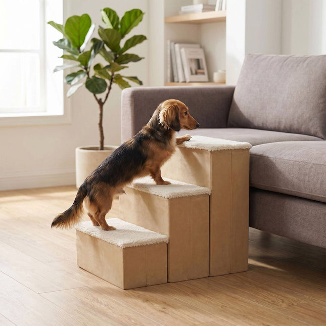 TASSORA - Foldable Dog Steps with Storage, Beige, Medium