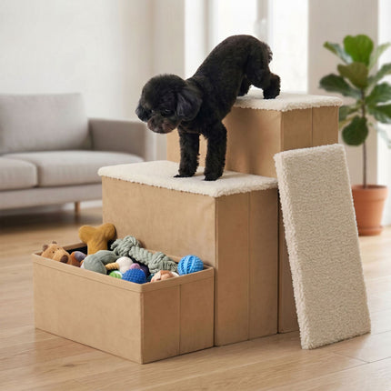 TASSORA - Foldable Dog Steps with Storage, Beige, Medium