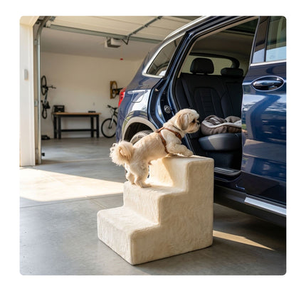 TASSORA - Dog Stairs, 3 Steps - Beige, Soft Plush Cover
