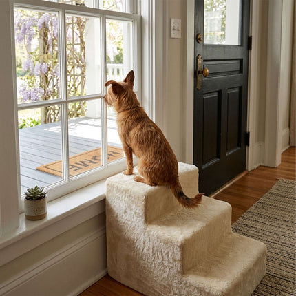TASSORA - Dog Stairs, 3 Steps - Beige, Soft Plush Cover