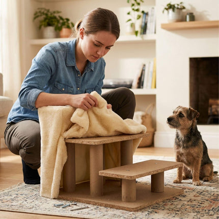 TASSORA - Dog Stairs, 3 Steps - Beige, Soft Plush Cover