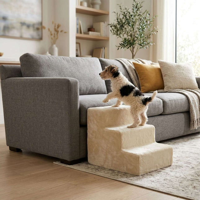 TASSORA - Koiranportaat, 3 askelmaa – beige, pehmeä pehmopäällinen