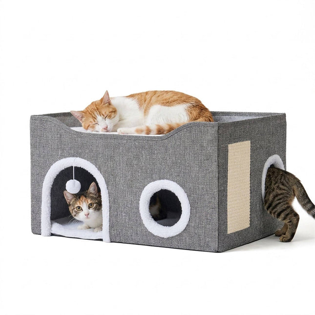 TASSORA - Foldable Grey Cat Cave with Scratch Pad and Cushions