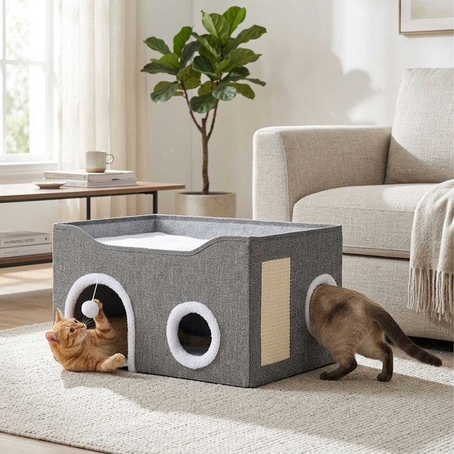 TASSORA - Foldable Grey Cat Cave with Scratch Pad and Cushions