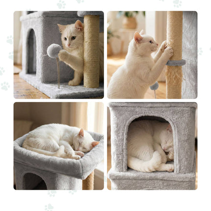 TASSORA - Cat Tree with Caves & Bed, Light Grey, 71cm