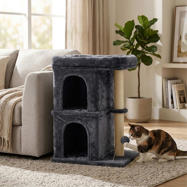 TASSORA - Cat Tree with Caves & Bed, Dark Gray, 71 cm High
